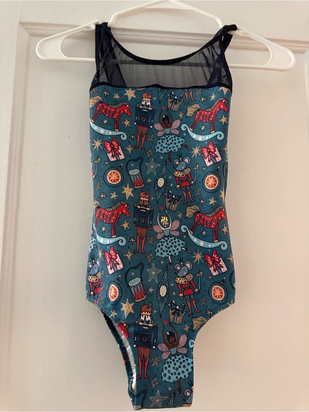 Eleve Dancewear Teal Nutcracker Print Leotard with Black Mesh